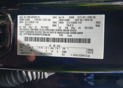 2019 Ford F-150 Platinum from USA, damaged, VIN 1FTEW1E45KFC55636